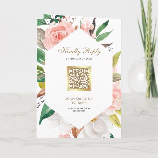 Rustic Blush Pink Floral Gold QR Code Wedding 招待状 (裏面)