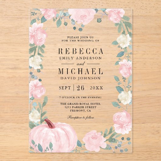 Rustic Blush Pink Floral Pumpkin Wedding アクリル招待状 (正面)