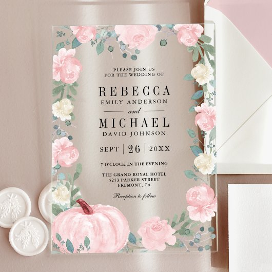 Rustic Blush Pink Floral Pumpkin Wedding アクリル招待状
