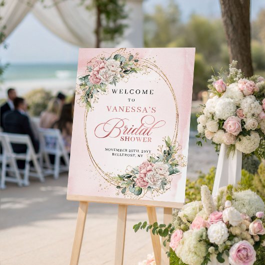 Rustic Blush Pink Flowers Eucalyptus Gold Welcome ポスター