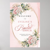 Rustic Blush Pink Flowers Eucalyptus Gold Welcome ポスター (正面)