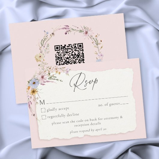 Rustic Blush Pink Romantic Wildflower Wedding QR 出欠カード