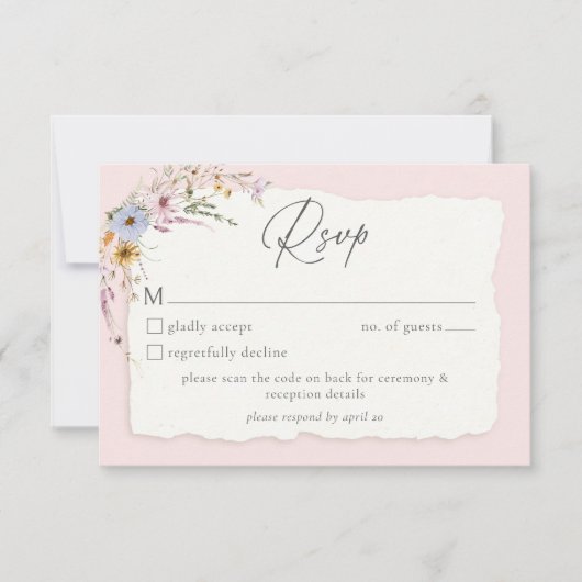 Rustic Blush Pink Romantic Wildflower Wedding QR 出欠カード (正面)