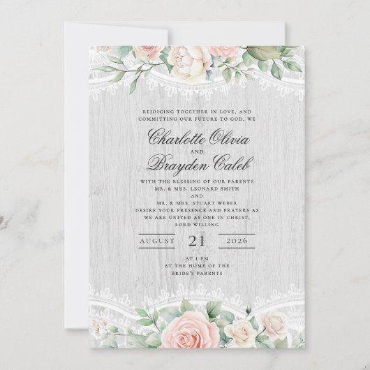 Rustic Blush Pink Watercolor Floral Lace Wedding 招待状 (正面)