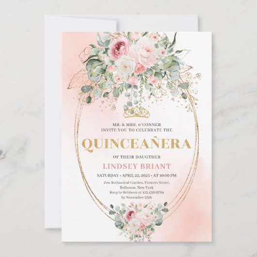 Rustic Blush Roses Eucalyptus Quinceañera Invite 招待状 (正面)