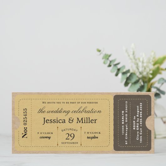  Rustic Boarding Pass Style Ticket Wedding 招待状 (スタンド正面)