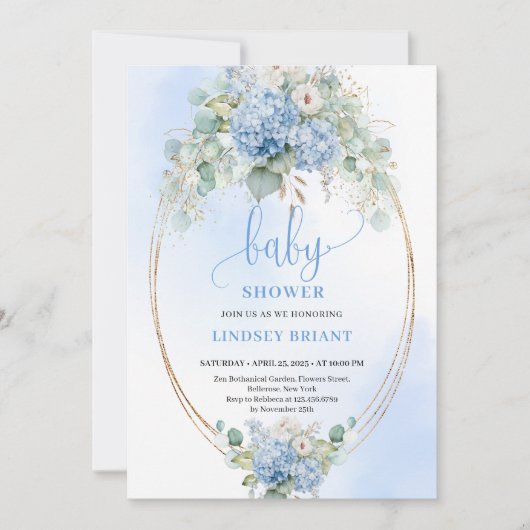 Rustic Bohemian Blue Hydrangeas Baby Shower Invite 招待状 (正面)