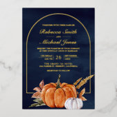 Rustic Boho Arch Pumpkin Photo Navy Wedding Gold 箔招待状 (正面)