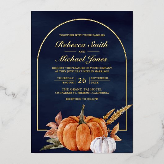 Rustic Boho Arch Pumpkin Photo Navy Wedding Gold 箔招待状 (正面)