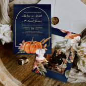 Rustic Boho Arch Pumpkin Photo Navy Wedding Gold 箔招待状