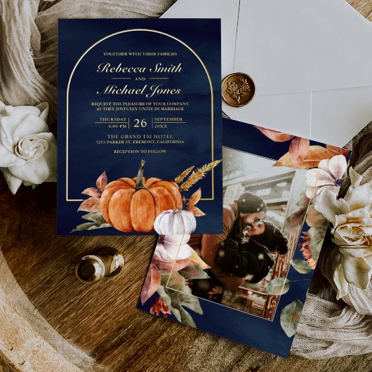 Rustic Boho Arch Pumpkin Photo Navy Wedding Gold 箔招待状