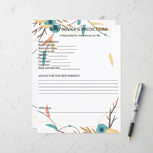 Rustic Boho Baby Shower Baby Advice & Predictions (正面/裏面インサイチュ)