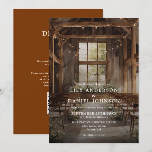 Rustic Boho Barn String Lights QRコード ウェディング 招待状 (正面/裏面)