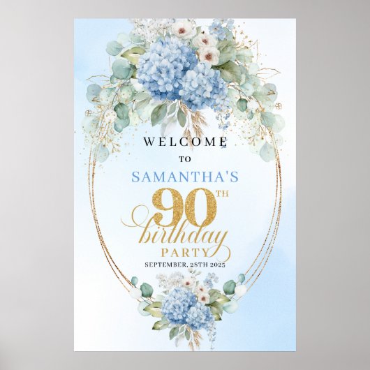 Rustic Boho Blue Hydrangeas 90th birthday welcome ポスター (正面)