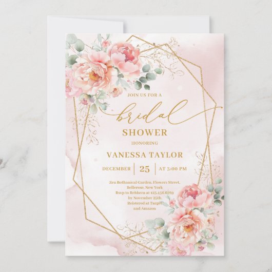 Rustic Boho Blush Pink Gold Glitter Bridal Shower  招待状 (正面)