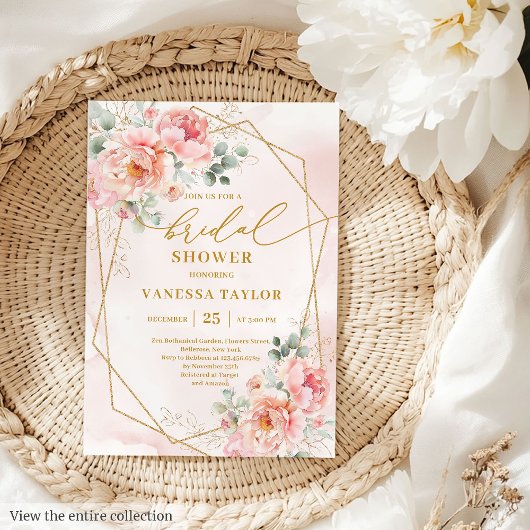 Rustic Boho Blush Pink Gold Glitter Bridal Shower  招待状