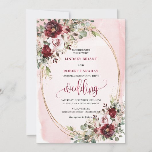 Rustic Boho Burgundy Blush Gold Floral Invitation 招待状 (正面)