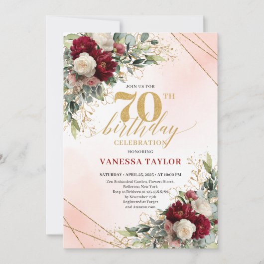 Rustic Boho Burgundy Floral 70th Birthday Invite 招待状 (正面)
