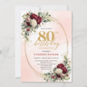 Rustic Boho Burgundy Floral 80th Birthday Invite 招待状 (正面)