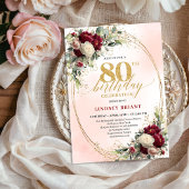 Rustic Boho Burgundy Floral 80th Birthday Invite 招待状