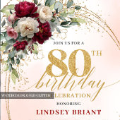 Rustic Boho Burgundy Floral 80th Birthday Invite 招待状