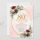 Rustic Boho Burgundy Floral 80th Birthday Invite 招待状 (正面)