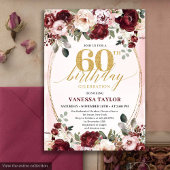 Rustic Boho Burgundy Gold Roses 60th Birthday 招待状