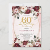 Rustic Boho Burgundy Gold Roses 60th Birthday 招待状 (正面)