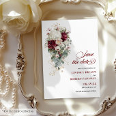 Rustic Boho Burgundy White Rose Save The Date 招待状