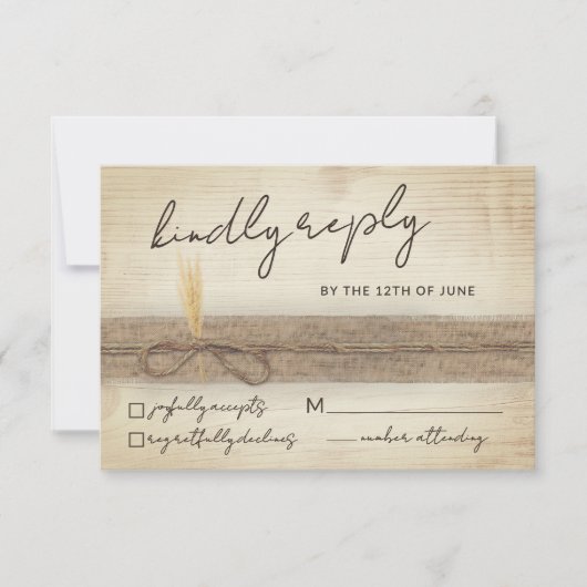 Rustic Boho Burlap Eco Wood Pampass Grass Wedding 出欠カード (正面)