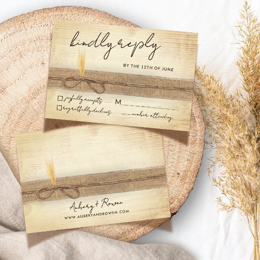 Rustic Boho Burlap Eco Wood Pampass Grass Wedding 出欠カード