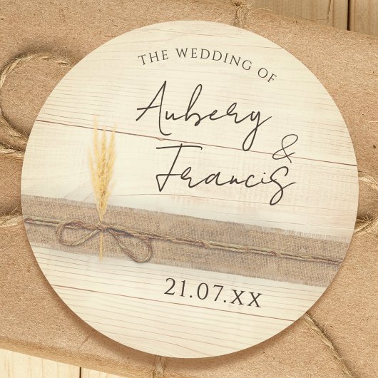 Rustic Boho Burlap Wood Pampass Grass Wedding ラウンドシール
