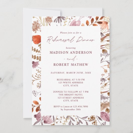 Rustic Boho Chic Bege Wildflowers Rehearsal Dinner 招待状 (正面)