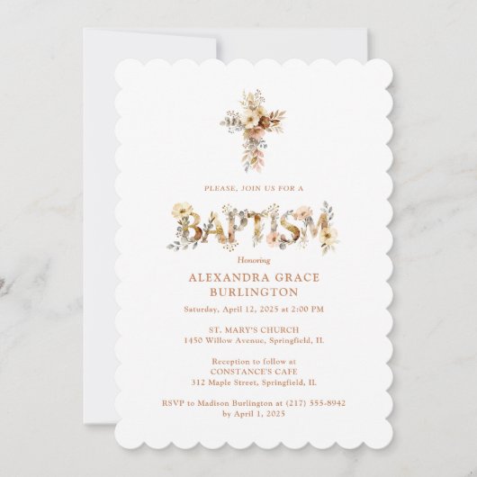 Rustic Boho Chic Floral Cross Baptism TMF26 招待状 (正面)