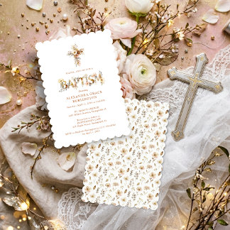 Rustic Boho Chic Floral Cross Baptism TMF26 招待状