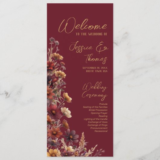 Rustic Boho Chic Wildflowers Burgundy Wedding プログラム (正面)