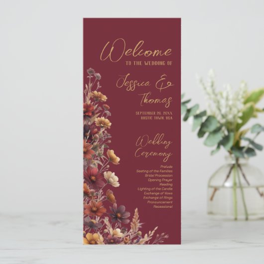 Rustic Boho Chic Wildflowers Burgundy Wedding プログラム (スタンド正面)