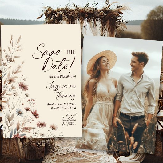 Rustic Boho Chic Wildflowers Photo Back Wedding  セーブザデート