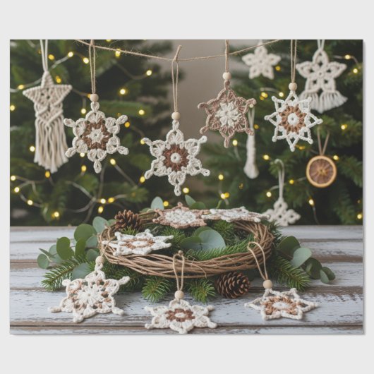 Rustic Boho Crochet Snowflake Christmas  ラッピングペーパー (フラット)