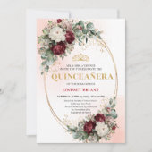 Rustic Boho Deep Red Floral Gold Quinceañera Invit 招待状 (正面)