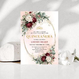 Rustic Boho Deep Red Floral Gold Quinceañera Invit 招待状