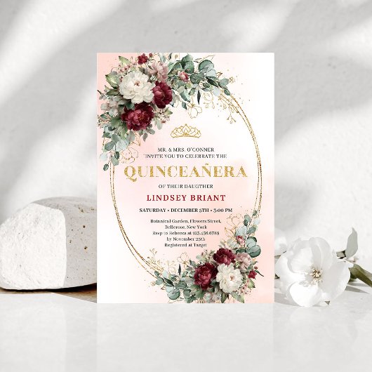 Rustic Boho Deep Red Floral Gold Quinceañera Invit 招待状