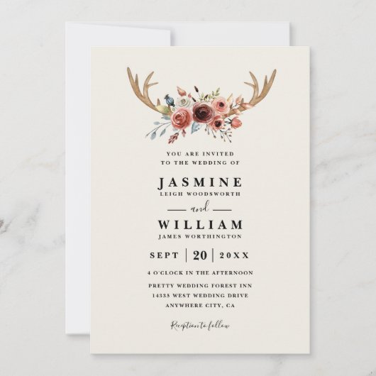 Rustic Boho Deer Antlers Elegant QR Code Wedding 招待状 (正面)
