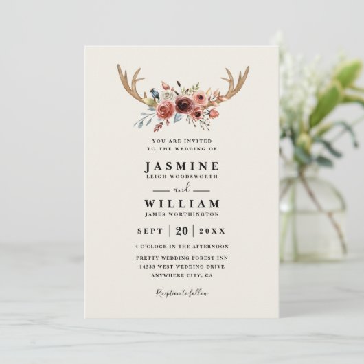 Rustic Boho Deer Antlers Elegant QR Code Wedding 招待状 (スタンド正面)