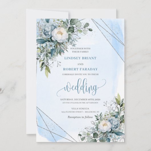 Rustic boho dusty blue silver peonies wedding  招待状 (正面)