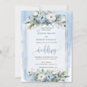 Rustic Boho Dusty Blue Silver Roses Wedding Invite 招待状 (正面)