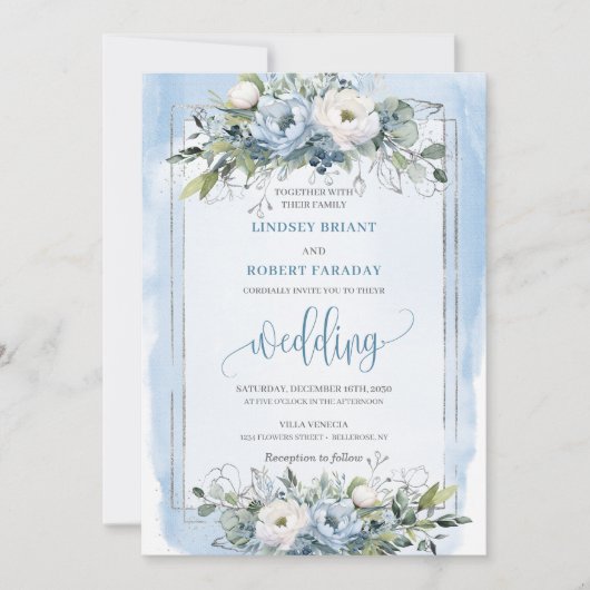 Rustic Boho Dusty Blue Silver Roses Wedding Invite 招待状 (正面)
