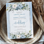 Rustic Boho Dusty Blue Silver Roses Wedding Invite 招待状