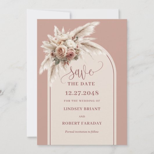 Rustic Boho Dusty Pink Arch Floral Save the Date 招待状 (正面)