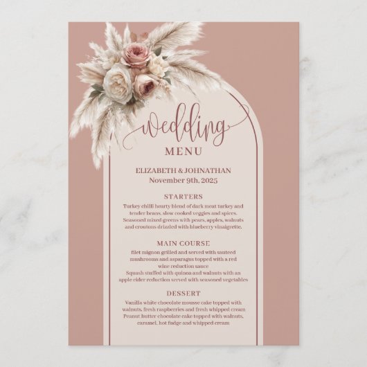 Rustic Boho Dusty Rose Pampas Floral Wedding Menu メニュー (正面)